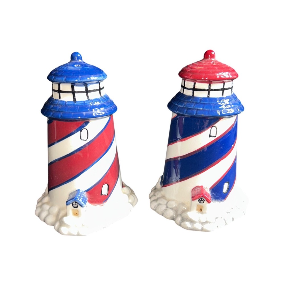 Nautical Lighthouse Salt Pepper Shakers Red Blue White Ceramic Coastal‎ Decor